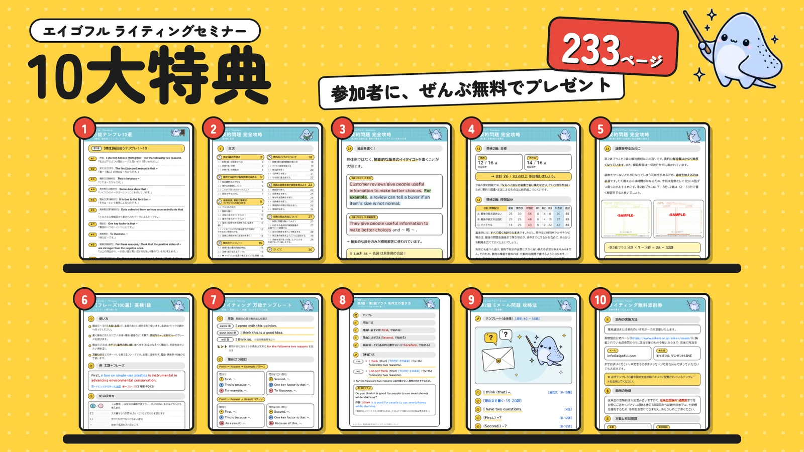 ライティング解説セミナー 10大特典 233ページ・PDF10点ぶんを本棚に並べた画像